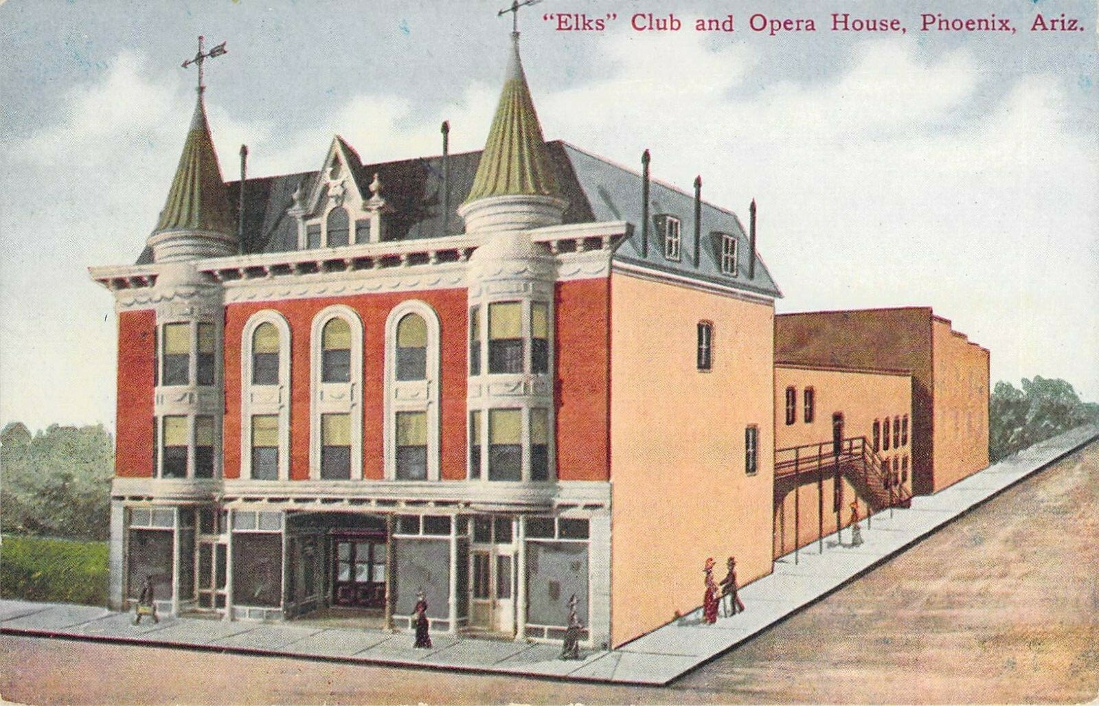 Color postcard depicting Phoenix's Elks Club and Opera House, early 1900s