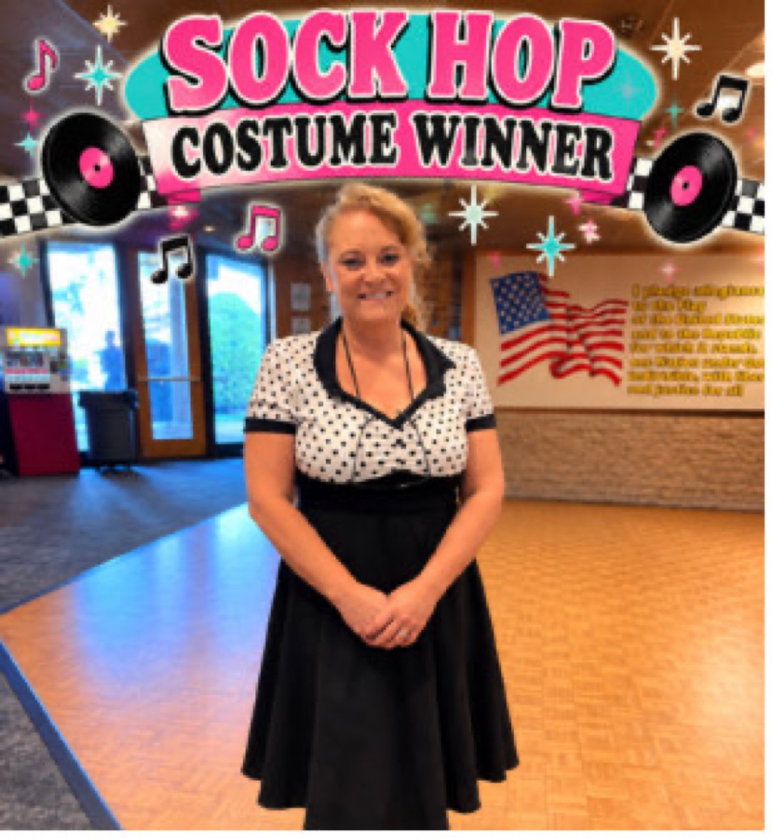 The Sock Hop costume winner posing in the Lodge ballroom