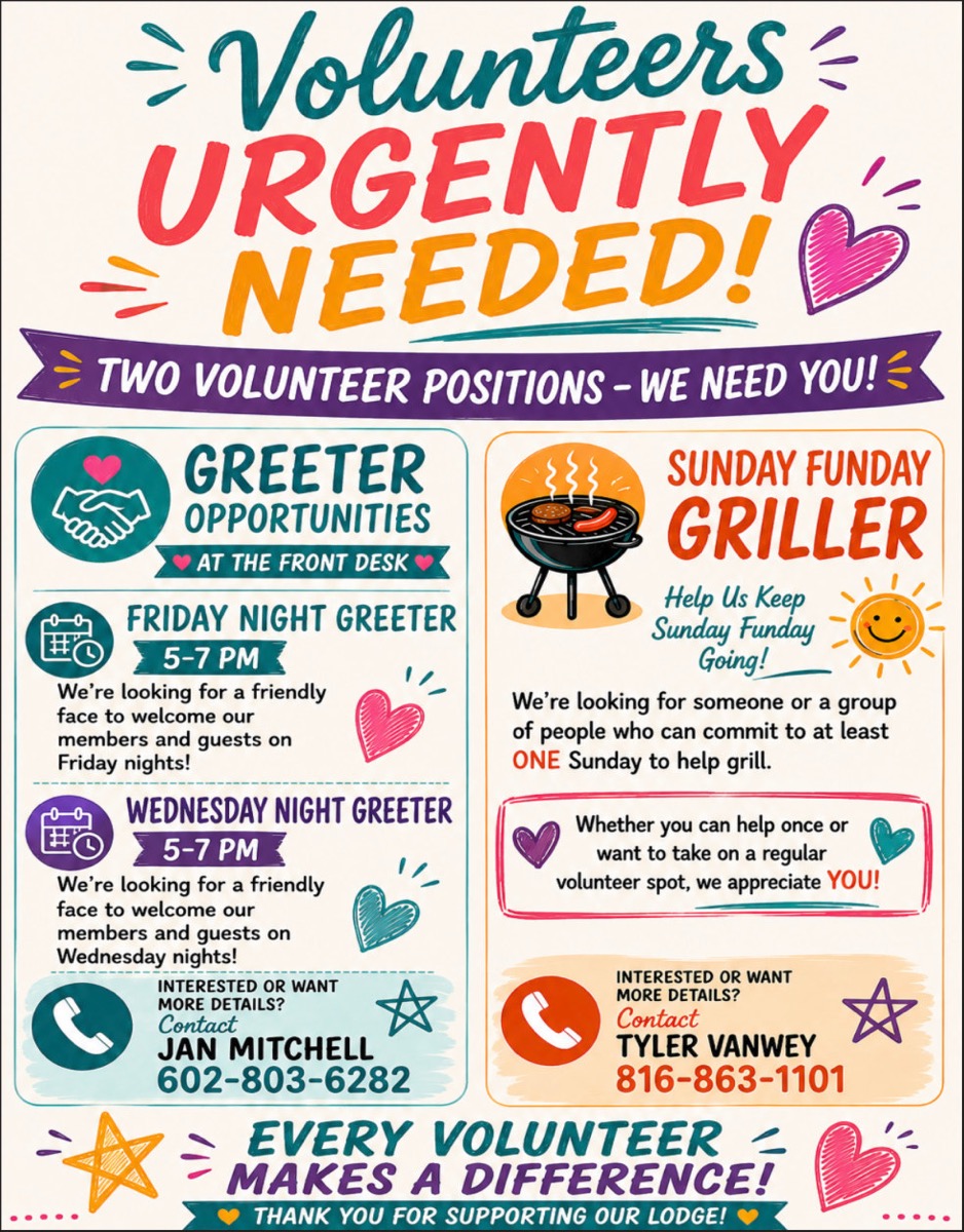 Volunteers urgently needed — greeters and Sunday grillers